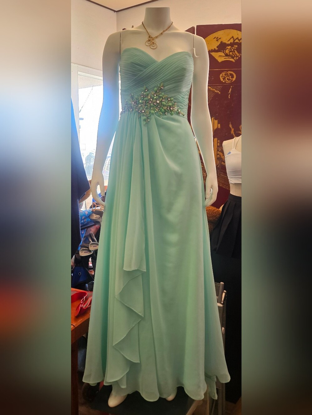 Strapless Beaded Mint Prom Gown - Women Dresses
